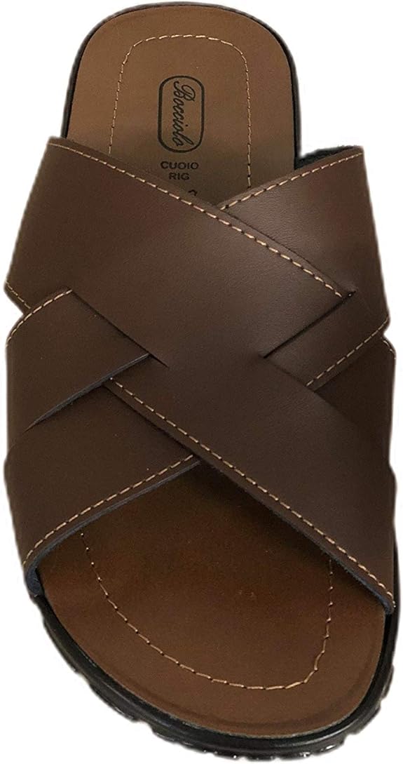 Bocciolo Ciabatte Uomo Aperte Incrociate Classiche Vera Pelle Made in Italy Plantare Cuoio