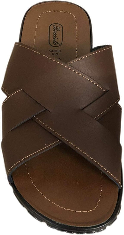 Bocciolo Ciabatte Uomo Aperte Incrociate Classiche Vera Pelle Made in Italy Plantare Cuoio